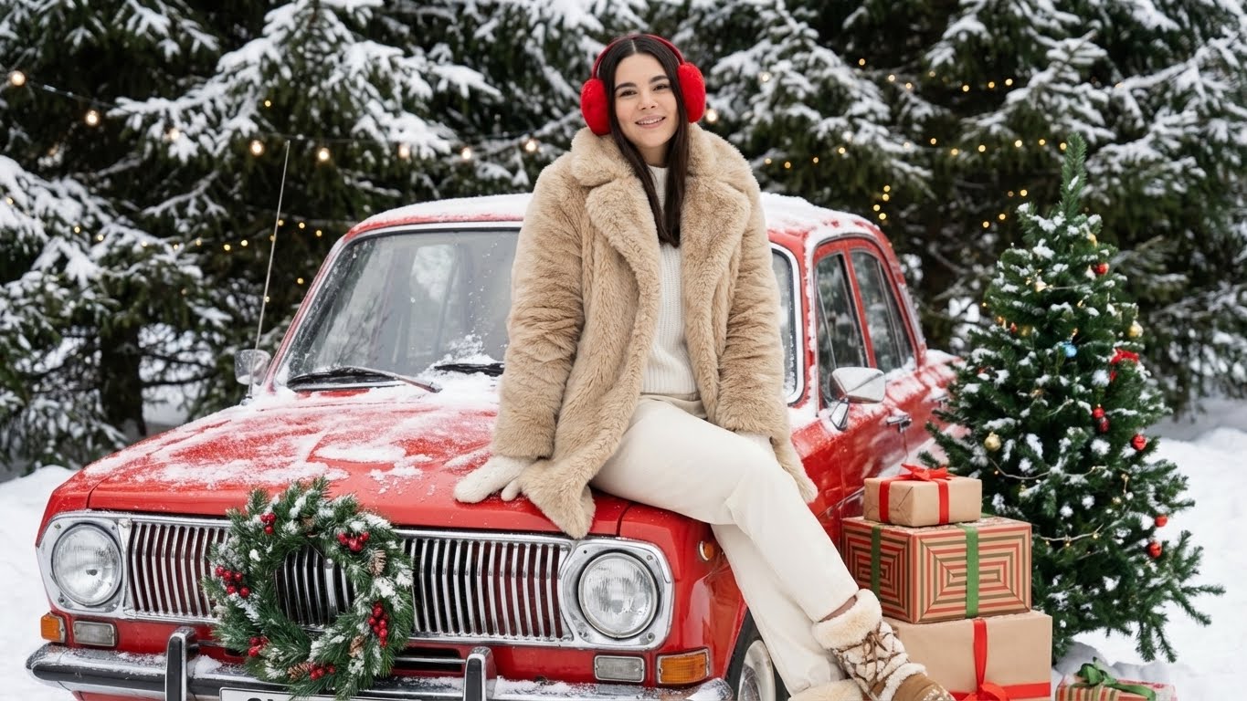 Vintage Christmas Cheer: Snow-Kissed Classic Car &amp; Festive Fashion